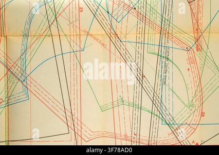 Abstract colorful fashion pattern on paper, drawing sheet with overlapping clothing construction line Stock Photo