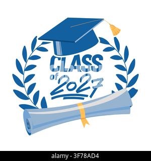 Class of 2027 graduation emblem with mortarboard, diploma scroll and laurel wreath. Graduate celebration badge, academic achievement vector Stock Vector