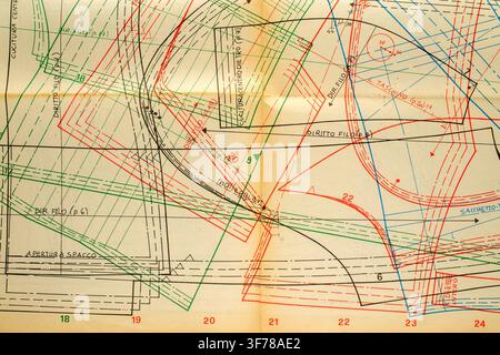 Abstract colorful fashion pattern on paper, drawing sheet with overlapping clothing construction line Stock Photo