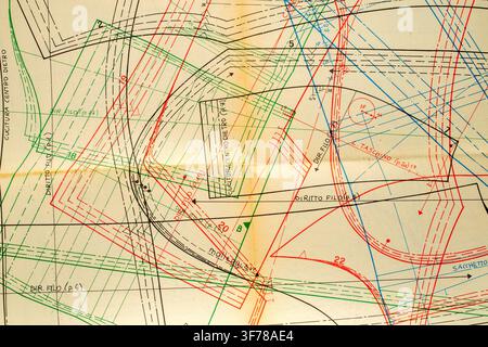 Abstract colorful fashion pattern on paper, drawing sheet with overlapping clothing construction line Stock Photo