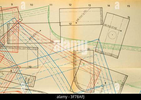 Abstract colorful fashion pattern on paper, drawing sheet with overlapping clothing construction line Stock Photo