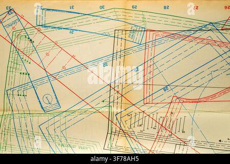 Abstract colorful fashion pattern on paper, drawing sheet with overlapping clothing construction line Stock Photo