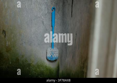 Wall mounted toilet brush with holder, space saving bathroom cleaning tool. Hanging toilet brush for small bathrooms, easy installation, sleek waterpr Stock Photo