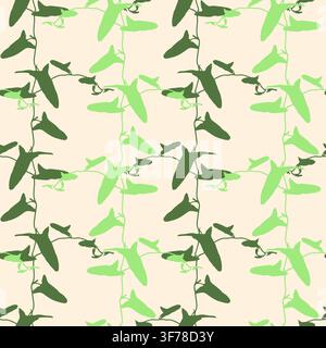 Seamless pattern with climbing plant branches and leaves in shades of green on a beige background for summer textile, wrapping paper, wallpaper and ho Stock Vector