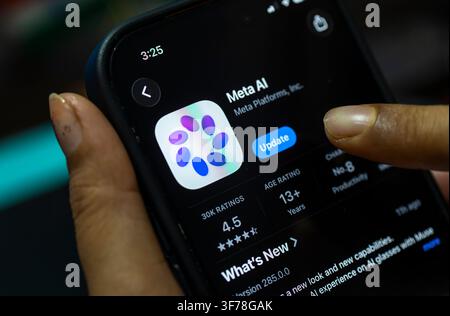 August 8, 2026: In this photo illustration, a person holds a smartphone displaying the Meta AI app on the App Store, in New Delhi, India on 8 August 2026. (Credit Image: © David Talukdar/ZUMA Press Wire) EDITORIAL USAGE ONLY! Not for Commercial USAGE! Stock Photo