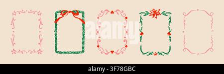 Merry Christmas and Happy New Year crayon doodle frame set. Green Christmas tree wreath with red coquette bow, whimsical retro vintage baroque ornamen Stock Vector