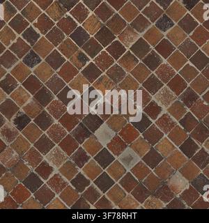 Seamless top view texture of small rustic terracotta square tiles laid in a diagonal diamond pattern. Stock Photo