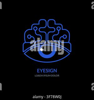 Modern vector eye and brain logo with circuit chip elements. Concept of artificial intelligence, innovation technology, digital vision, cybersecurity, Stock Vector