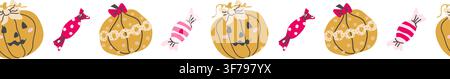 Cute border with pumpkin face and vintage girly elements and candy. Coquette border with cute bows and elements. Hand drawn vector illustration in cartoon flat style. Stock Vector