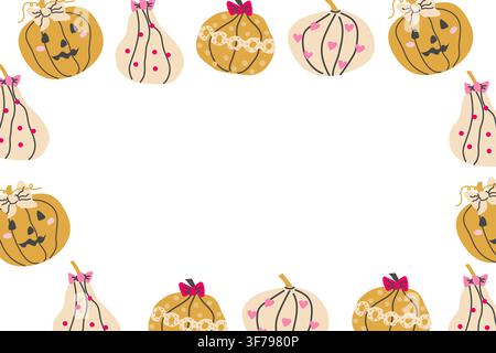 Cute coquette pumpkin frame with girly elements. Polka dot pumpkin with bows and jack o lantern with knot. Cartoon flat illustration isolated. Stock Vector