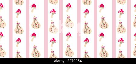 Cute coquette pumpkin pattern with girly elements. Polka dot pumpkin with bows and mushroom with stripes background. Cartoon flat illustration isolated. Stock Vector