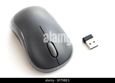 A wireless computer mouse sits next to its USB receiver Stock Photo
