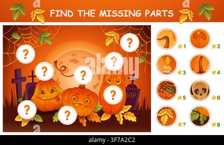 Find missing pieces Halloween holiday pumpkin lanterns picture, match part. Children education puzzle game. Mystery monster character complete drawing Stock Vector
