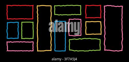 Multicolored vibrant wavy cloud frames with jagged borders. Hand-drawn frames. Vector abstract geometric shapes for text, quotes, and messages. Stock Vector