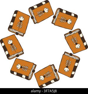 Paper Book Circular Wreath Frame. Round Reading Hobby Border with Notebook. Doodle hand drawn brown. Vector Illustration Stock Vector