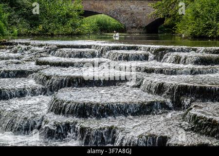 Cascading water flows over a stepped river weir beneath an old brick bridge surrounded by green vegetation. Stock Photo