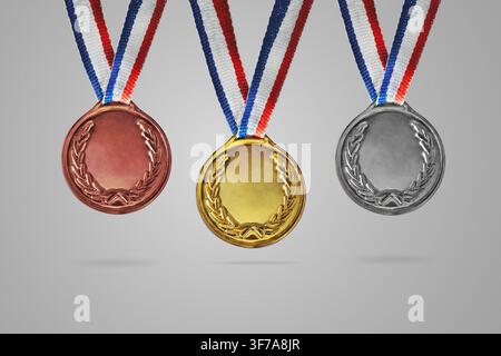 Collection of real gold medals isolated on free background with a lot of text area - winner copy space concept Stock Photo