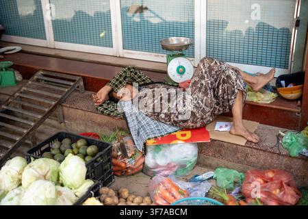 Vietnamese woman farmer vendor sleeping beside stall at street food market on siesta due to heat. Stock Photo