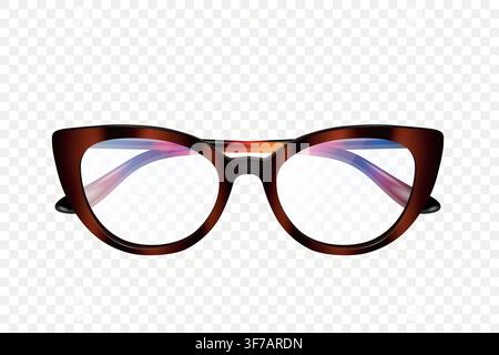 Tortoiseshell Eyeglasses Frame, Vector Illustration. 3d Stylish Cat Eye Glasses Isolated. Fashion Eyewear Front View. Optical Spectacles Accessory Stock Vector