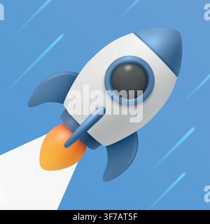 Startup Rocket Launch Vector Illustration. Startup Business Concept. Startup Growth Banner with Blue 3d Flying Rocket in Clouds. Innovation Stock Vector