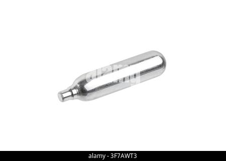 Single silver CO2 gas cartridge isolated on white background. Stock Photo