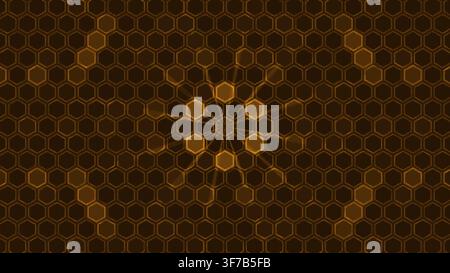 golden hexagon mosaic background animation: A radiant burst activates the entire golden mosaic in waves and resolves to a deep luxury surface rendered Stock Vector