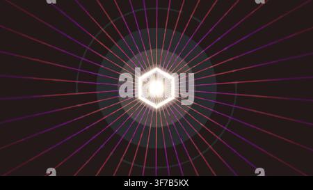 hexagonal burst rays motion graphic: Each vertex of a floating hexagon emits an independent slow fan, building a six-point optical corona rendered as Stock Vector