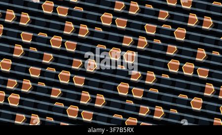 hexagonal prism pattern background: Alternating lanes carry raised hexagonal blocks at speed like a polished modular production surface rendered as an Stock Vector