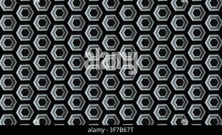 metallic hexagonal pattern background: Precision steel hex nuts rotate in alternating directions over a matte graphite work surface rendered as an edi Stock Vector