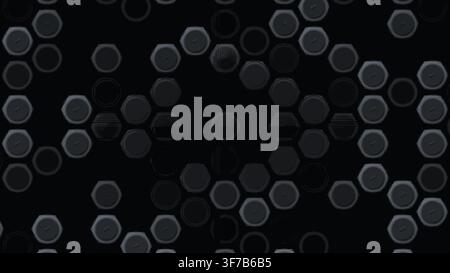 metallic hexagonal pattern background: Black titanium cells rise and settle in a soft radial relief around a protected title zone rendered as an edita Stock Vector