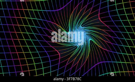 RGB wireframe distortion background: A faceted wire polyhedron rotates as an isolated chromatic centerpiece over deep black rendered as a text-free RG Stock Vector
