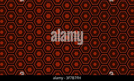 orange warning hexagon grid background: Six dark shutter blades open inside each amber warning cell in coordinated waves rendered as an editable orang Stock Vector