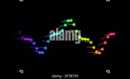 RGB waveform distortion graphic: Colored signal particles travel along a modulated curve and leave fading spatial trails rendered as a text-free RGB w Stock Vector