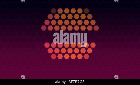retro synthwave hexagon grid background: A low-resolution sunset breaks into animated honeycomb pixels like an arcade title-card backdrop rendered as Stock Vector
