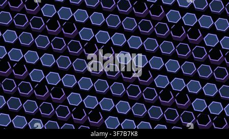 hexagonal prism pattern background: Stepped bands of hexagonal prisms climb across the frame in an animated isometric landscape rendered as an editabl Stock Vector