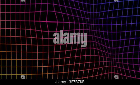 RGB wireframe distortion background: A planar wire lattice liquefies through several moving refraction wells rendered as a text-free RGB wireframe mot Stock Vector