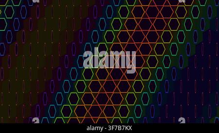 seamless glowing hexagon grid background: Hexagonal luminous tiles flip optically to reveal changing colored cores rendered as an editable seamless gl Stock Vector