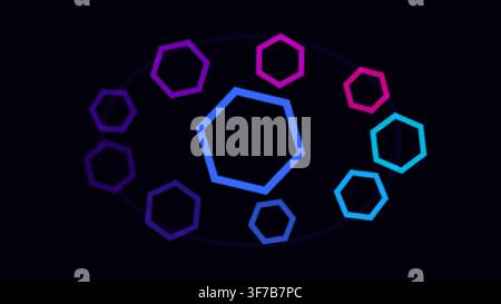 retro synthwave hexagon grid background: Wireframe hexagons orbit a central synthwave emblem on slow elliptical tracks rendered as an editable retro s Stock Vector