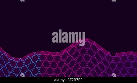 retro synthwave hexagon grid background: Low-poly synthwave mountains made from sparse hexagonal contours glide beneath a violet sky rendered as an ed Stock Vector