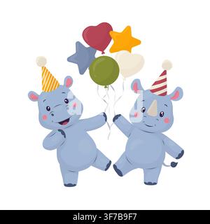 Cute hippo and rhinoceros with party hats and balloons. Vector illustration in soft pastel flat style. Birthday animal composition for cards, invites Stock Vector