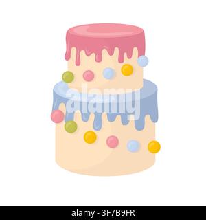 Two tier cake with colorful chocolate balls and icing glaze. Vector illustration in soft minimal flat style. Dessert pastry for birthday design, cafe Stock Vector