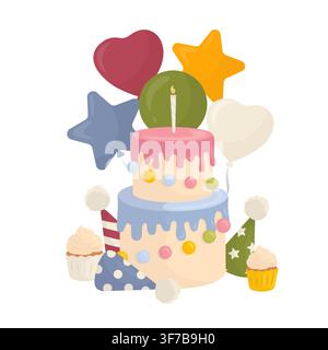 Birthday cake with balloons, hats and cupcakes. Vector illustration in soft pastel flat style. Festive party composition for greeting cards Stock Vector