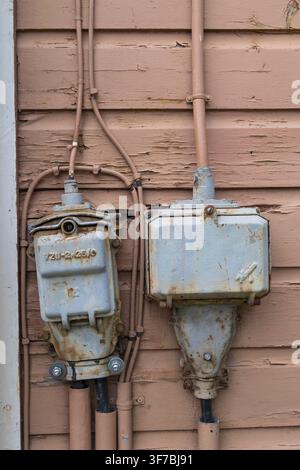 Old electrical installations, distributors, cables, wooden house, Porvoo, Finland Stock Photo