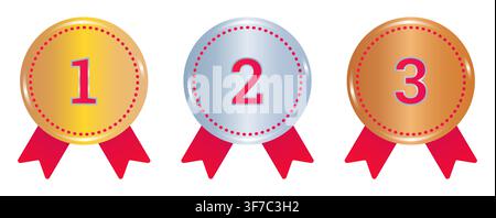 Gold, silver and bronze medal set, gradient vector shiny reward templates with red ribbons. Winners 1, 2 and 3 places. Award and trophy glossy signs Stock Vector