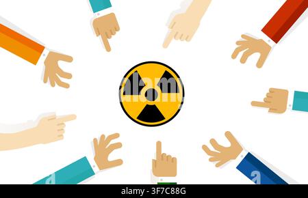 Nuclear proliferation concept with many hands pointing at radiation symbol, blame and responsibility for atomic weapons and nuclear threat Stock Vector