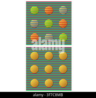 Optical illusion involving same-colored balls behind lines of different colors Stock Vector