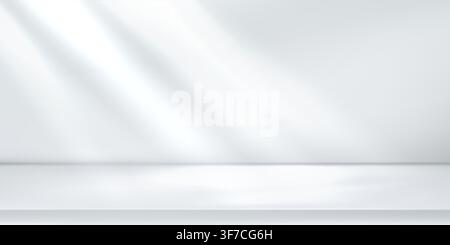 White studio backdrop for product demo, limbo lighting effect in gray room. Minimal floor stage for photo, empty grey space desk shadow gobo. Sun rays Stock Vector