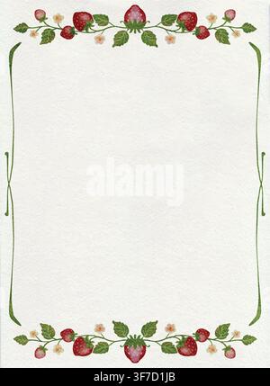 Elegant hand-drawn strawberry frame with soft green vines and red berries, perfect for invitations or decorative design. Stock Vector