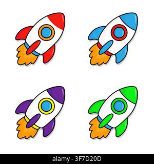 Set of 4 cute cartoon rockets in red, blue, purple, green with flame Stock Vector