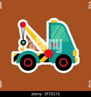 Cute cartoon tow truck with crane and hook in flat vector sticker style Stock Vector